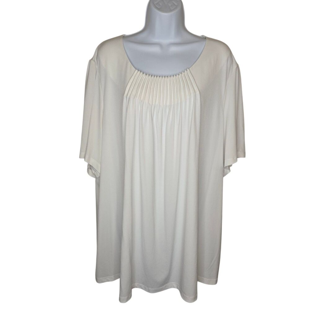 Liz & Me Platinum Collection White Pleated Neck Short Sleeve Top 3X (26/28W)
